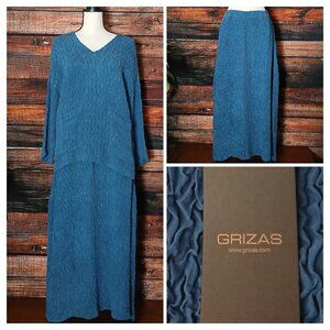 NWT Grizas Size M Silk Two Piece Skirt Set Maxi & Tunic Top Crinkled Blue Boho